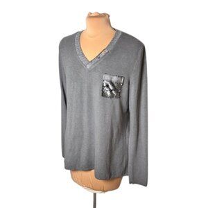 Flora Ashley Grey Lurex V-Neck Top Sequin Pocket High Low Size Medium